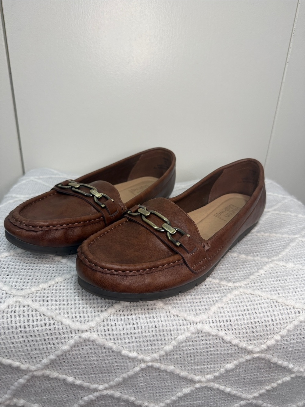 Women’s Brown Leather Slip-On Driving Loafers with Metal Accent